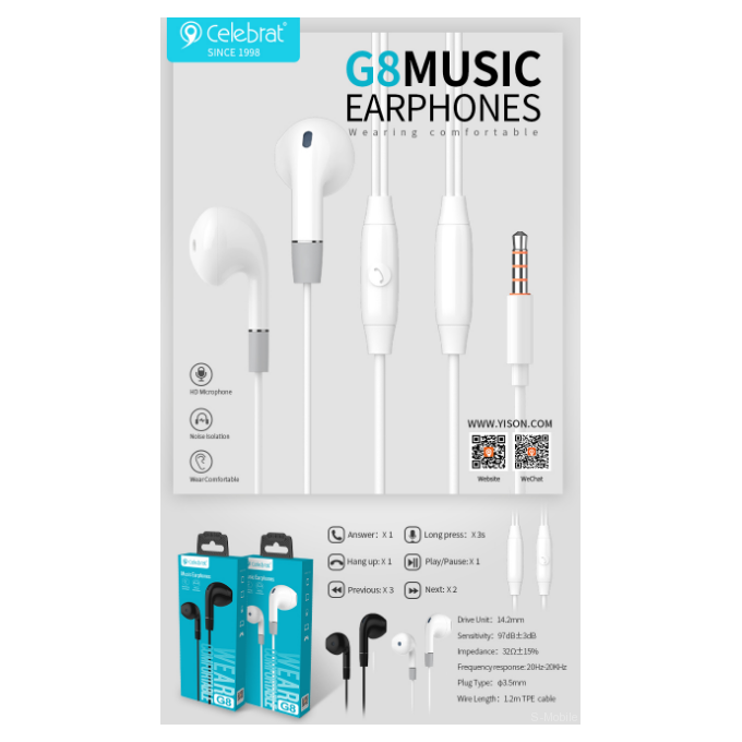 Наушники Celebrat G8 Featherlight Comfort Wired Earbuds, белый